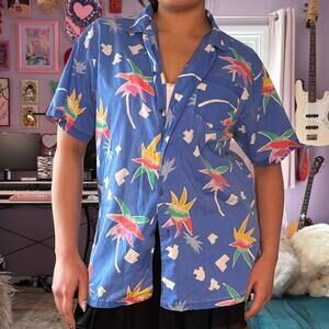 Vintage 80s retro palm tree geometric print short sleeve button down shirt